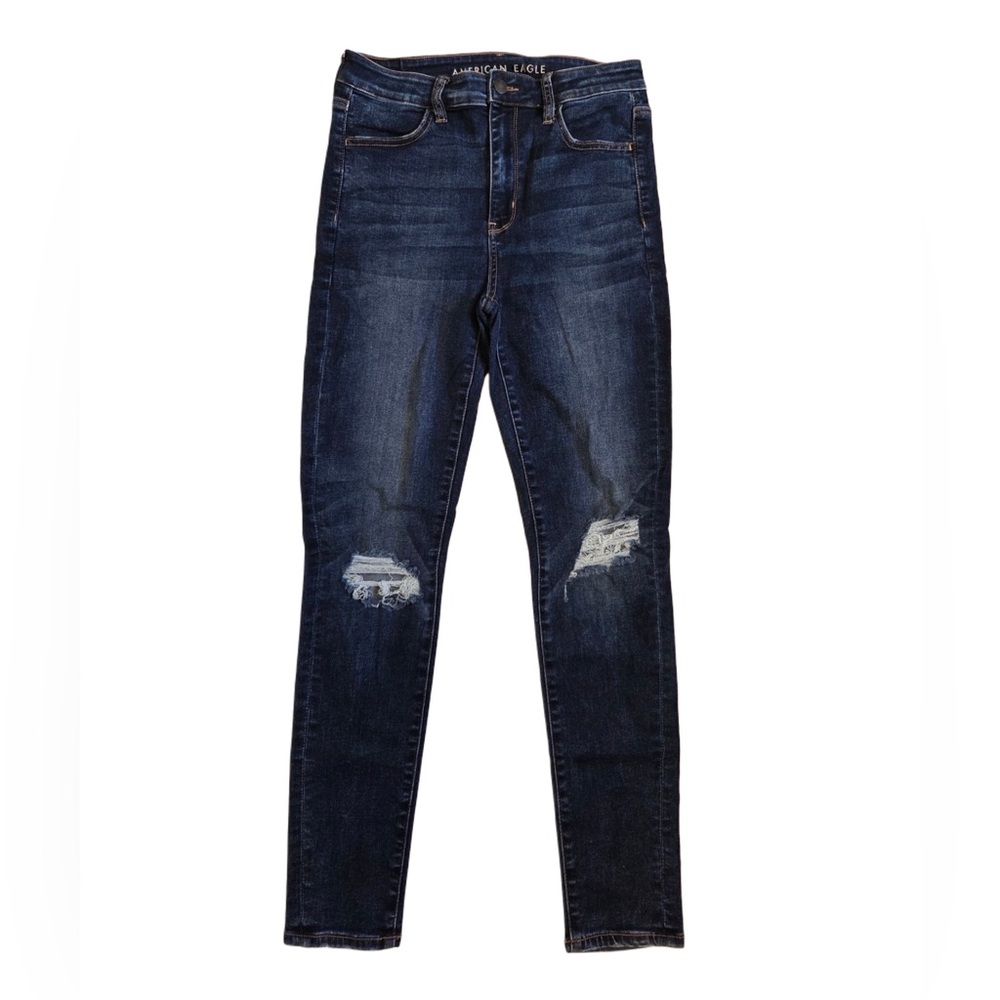 American Eagle Outfitters Women's High Rise Distressed Jeans Jeggings- Dark Blue